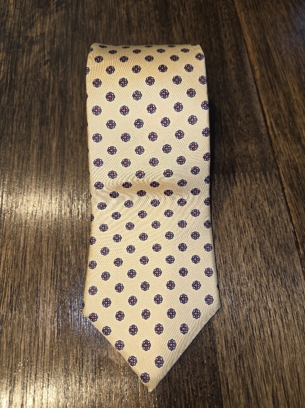 Yves Saint Laurent Cream Silk Tie with Navy and Red Medallions
